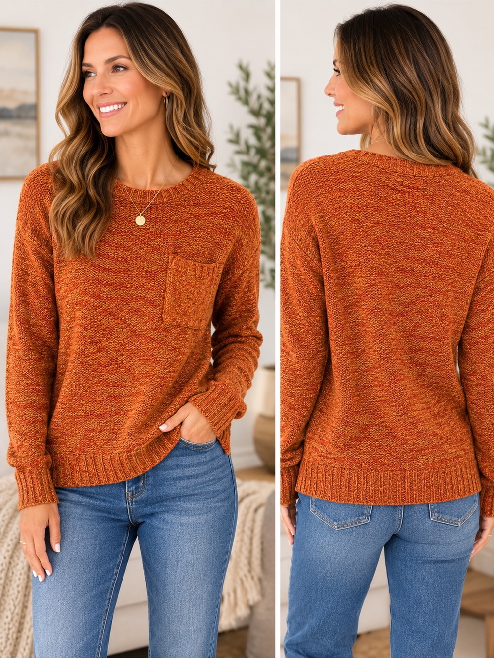 Easel Los Angeles Orange Marled Knit Sweater Pocket Women’s Medium Cozy